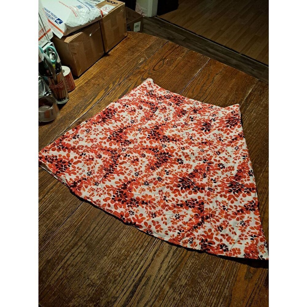 CATO Women’s 16 Red White Floral Knee-Length Lined Skirt Side Zip Linen Blend